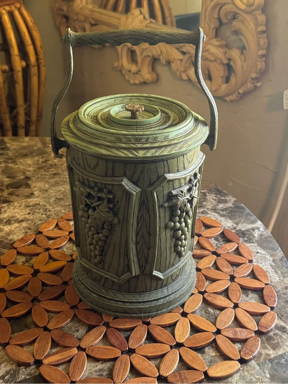Vintage MCM Grape Ice Bucket – Avocado Green Faux Woodgrain Barware